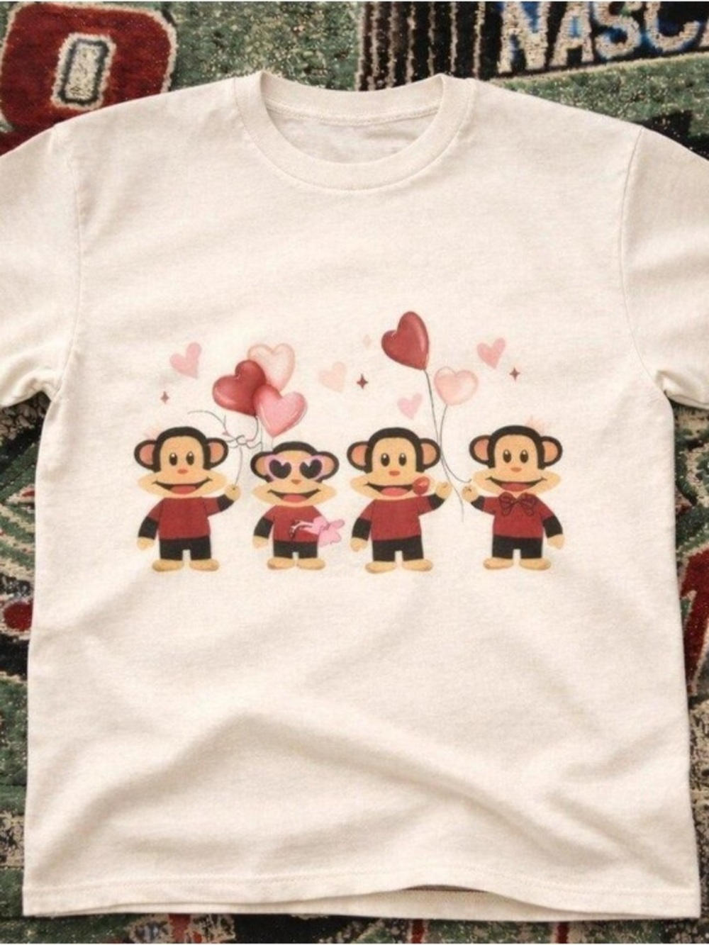 Valentine Monkeys Heart Balloon Graphic Tee Cute Love White T-Shirt